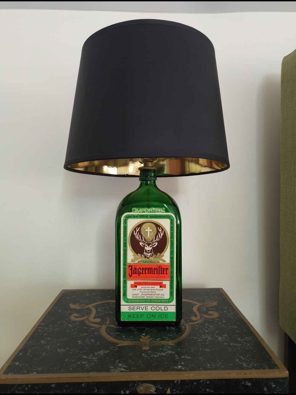 Jagermeister Green Bottle Lamp with Black and Gold Shade Interior